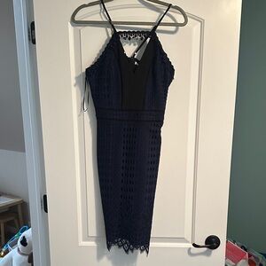Sleeveless Navy Lace Midi Dress with Halter Neck